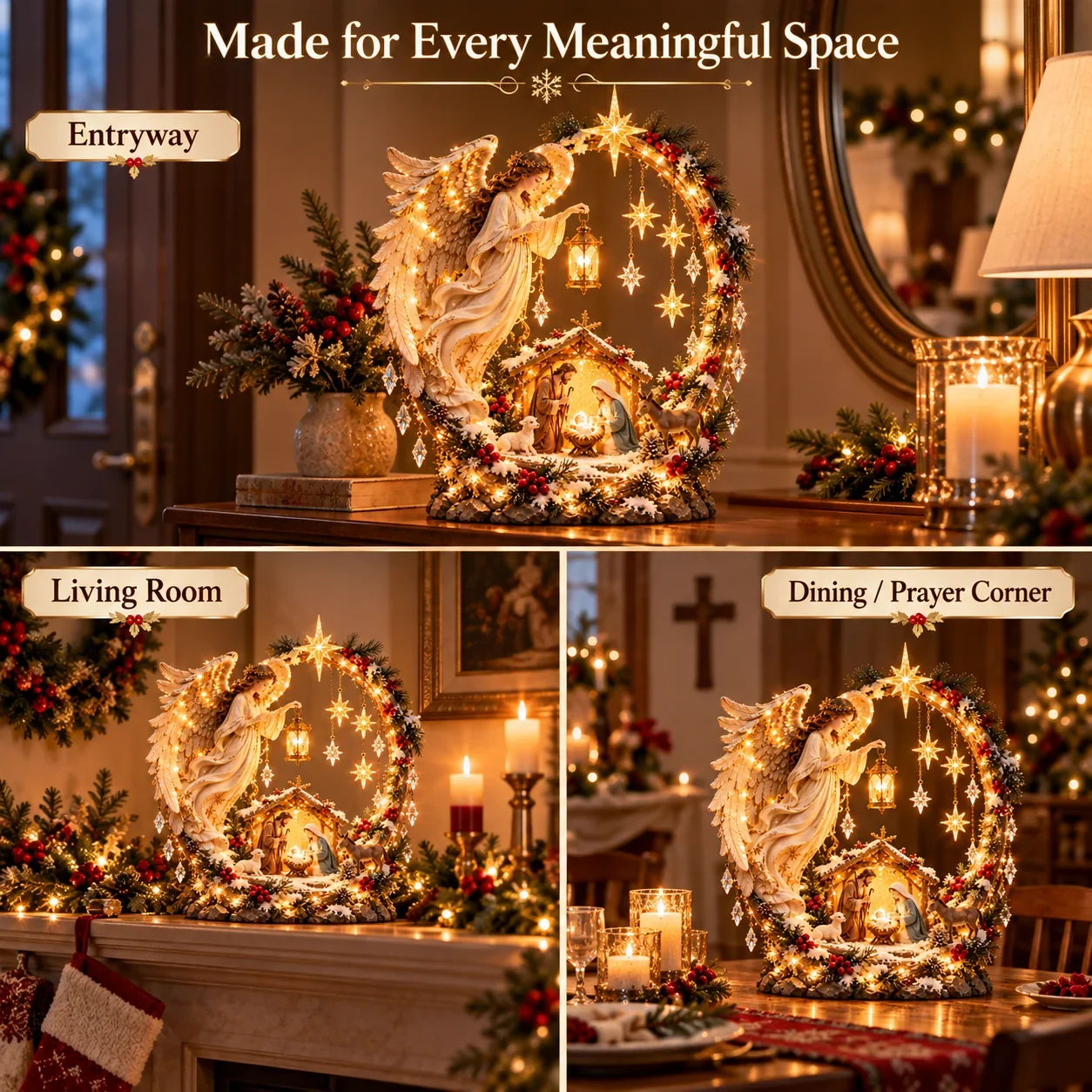 Three placements of angel nativity decor in hallway, living room and dining room