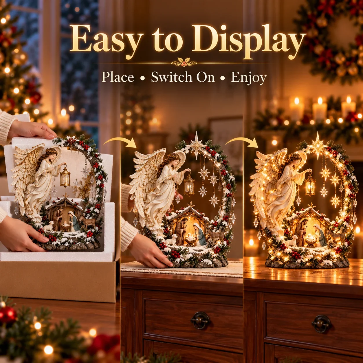 Step by step: Unpack Christmas decor, place on sideboard and turn on lights