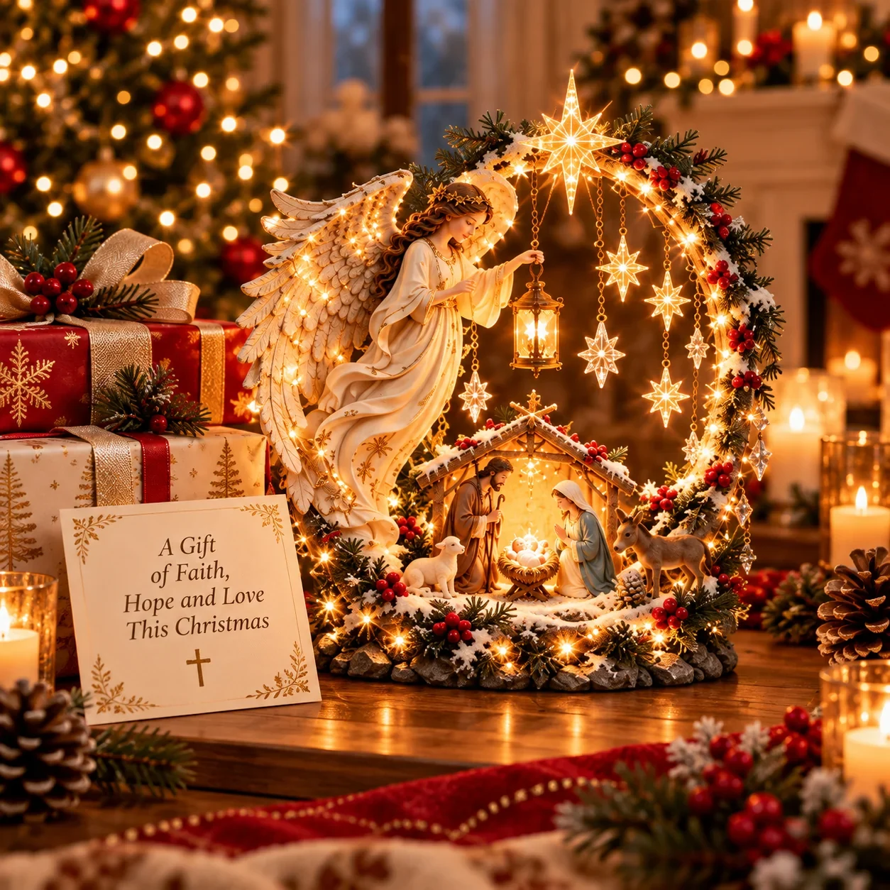 Lit angel nativity next to Christmas gifts, as a symbolic gift of faith, hope and love