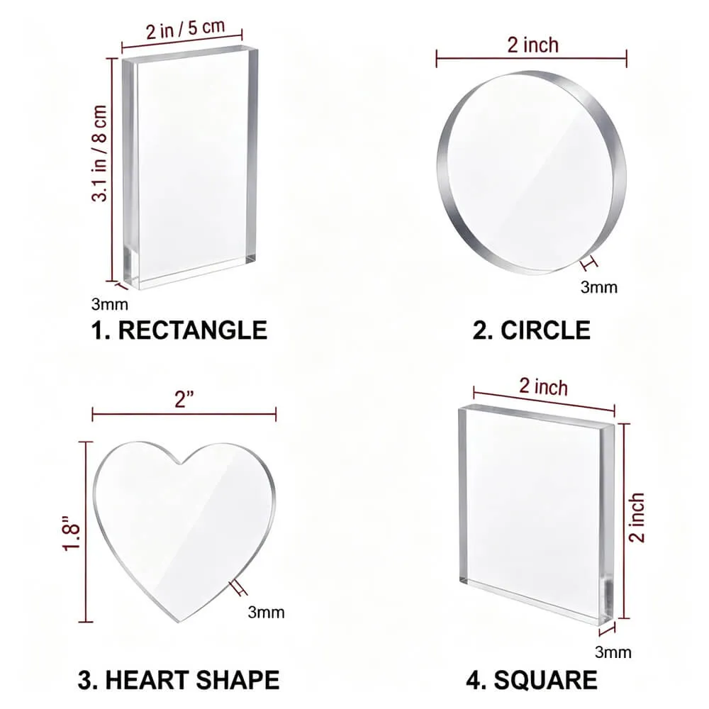 Size comparison chart showing four clear acrylic picture frame shapes: rectangle, circle, heart, and square. Each frame is labeled with dimensions, including 2 inch by 3 mm, on a white background.