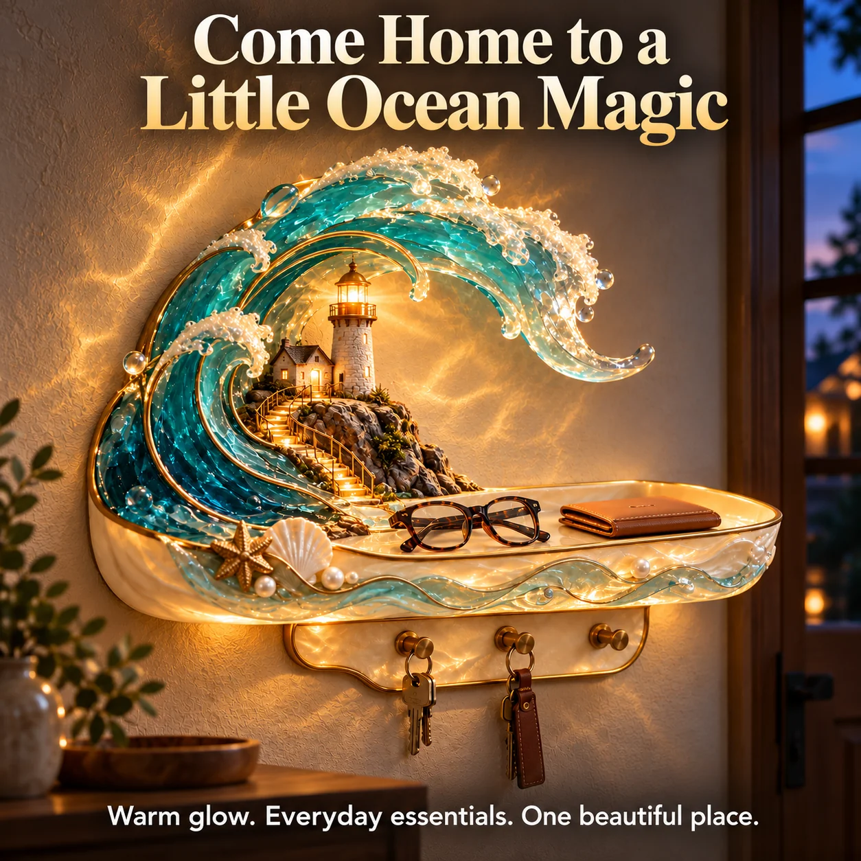 Illuminated teal ocean wave and lighthouse wall shelf with a storage tray and three gold key hooks