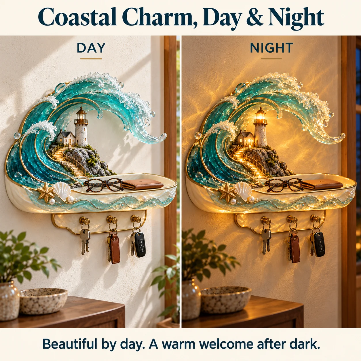 The same lighthouse wall shelf shown in daylight and with warm illumination at night