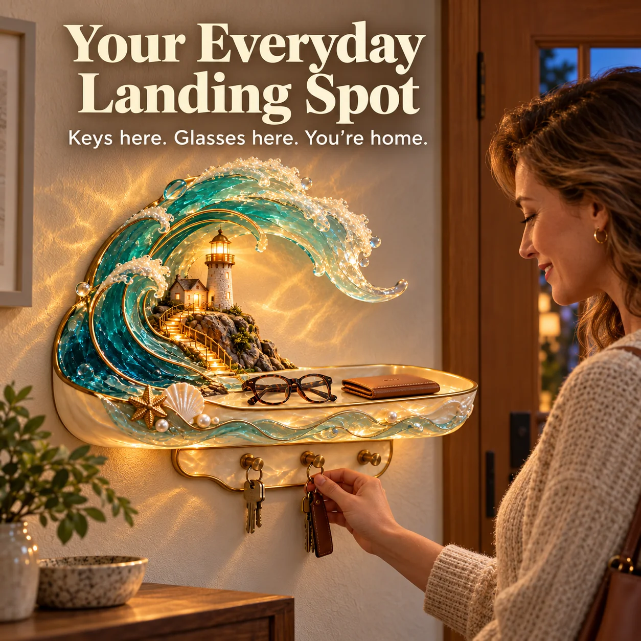 A woman arriving home and placing her keys on the glowing lighthouse organizer