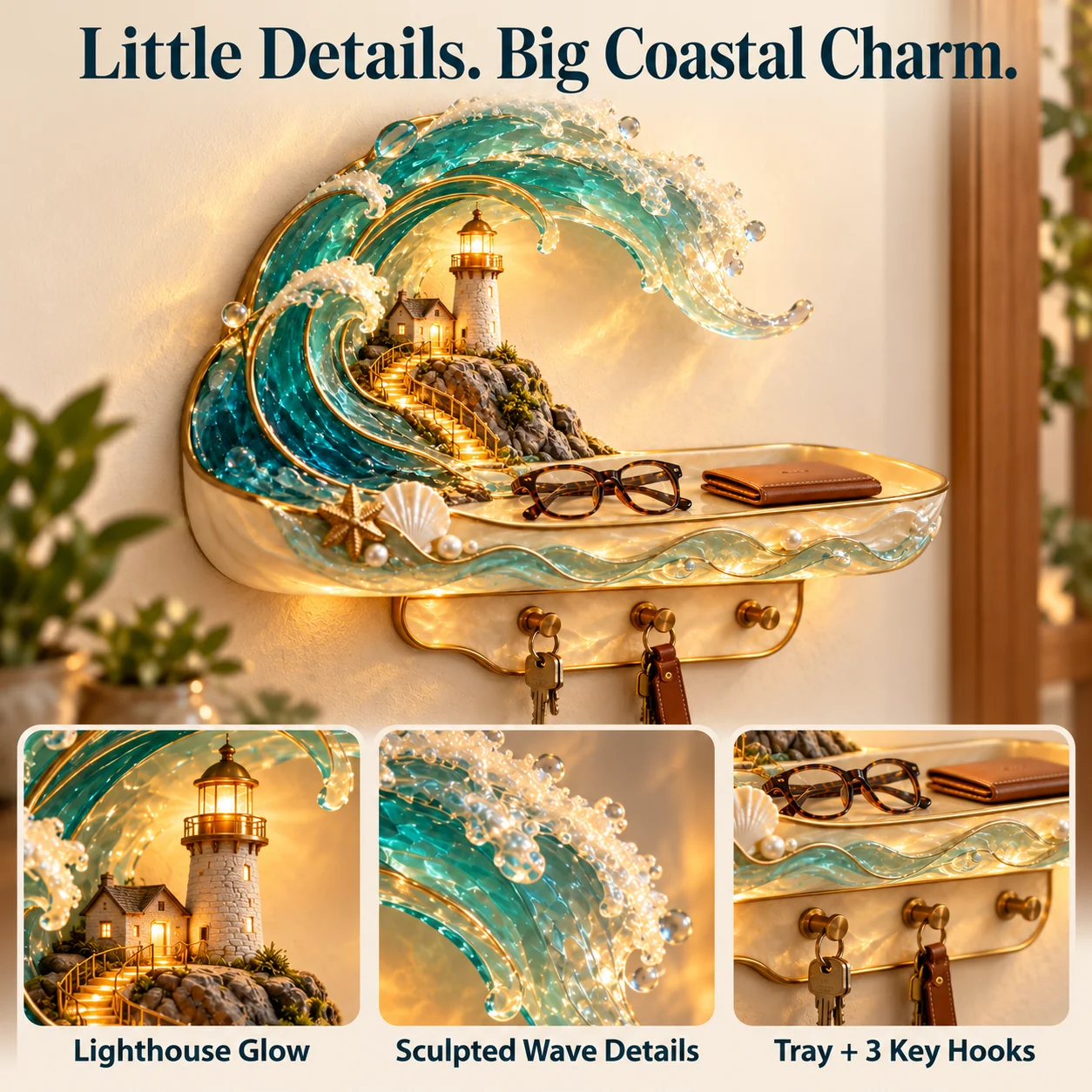 Detail views of the illuminated lighthouse, sculpted teal wave, storage tray and three key hooks