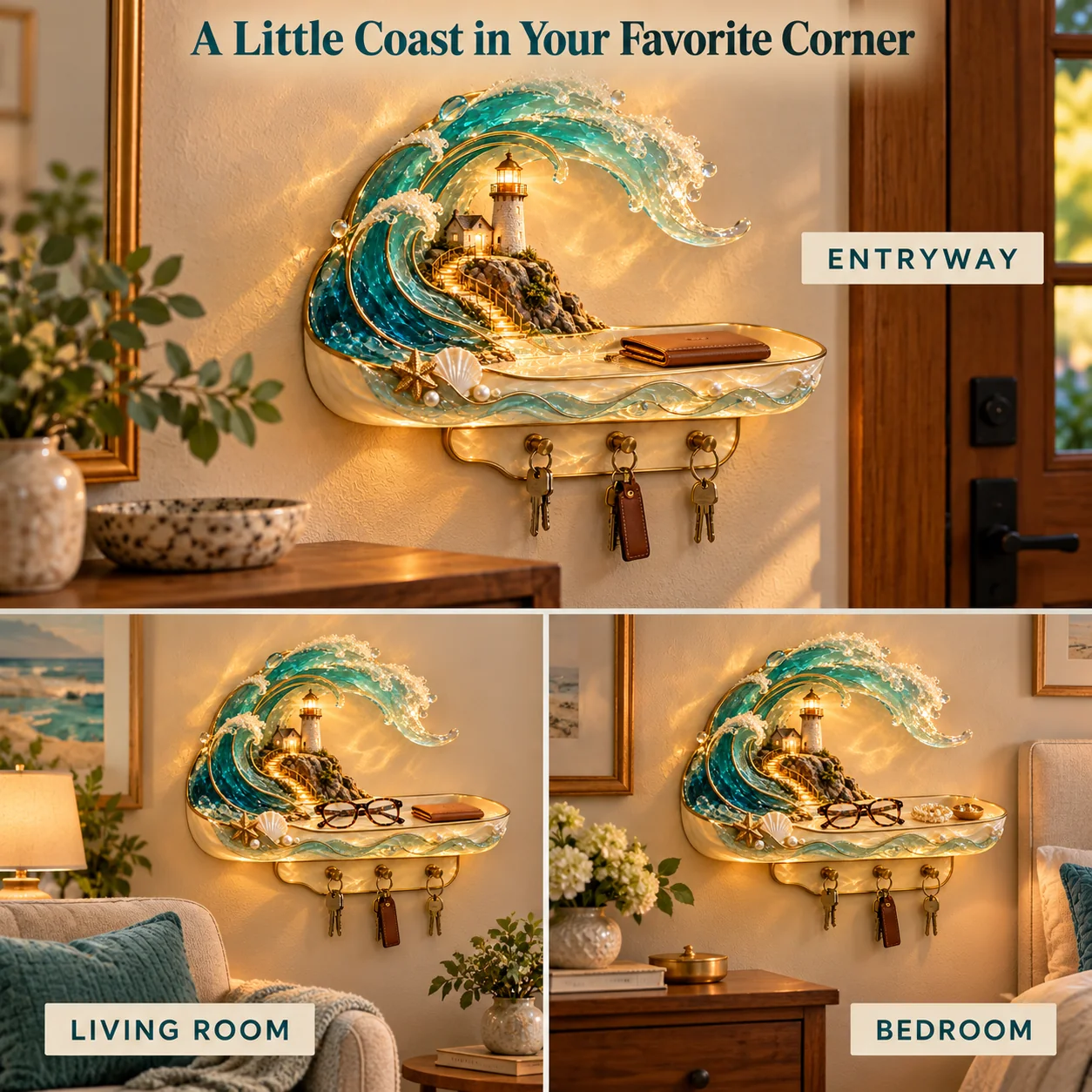 The coastal organizer mounted in an entryway, a living room and a bedroom