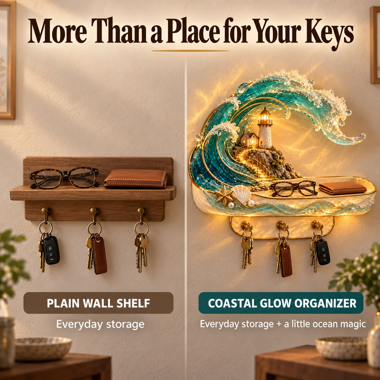 A plain wall shelf compared with the illuminated coastal organizer, both holding everyday essentials