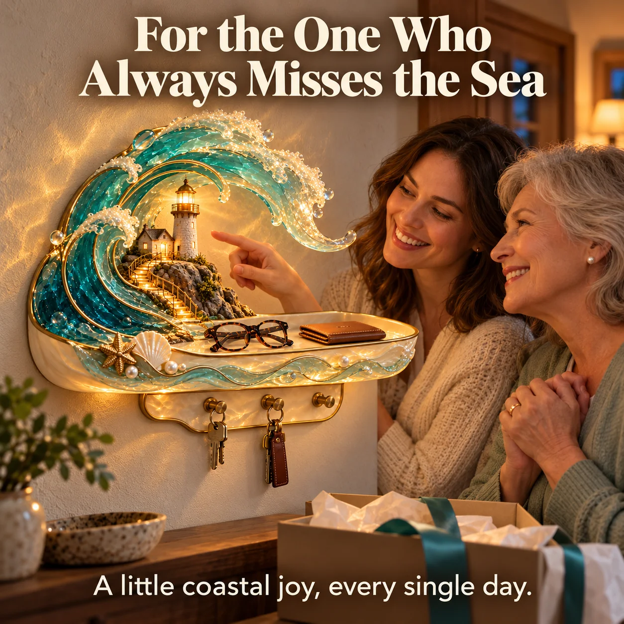 A mother and daughter enjoying the illuminated lighthouse wall shelf in a gift-giving scene