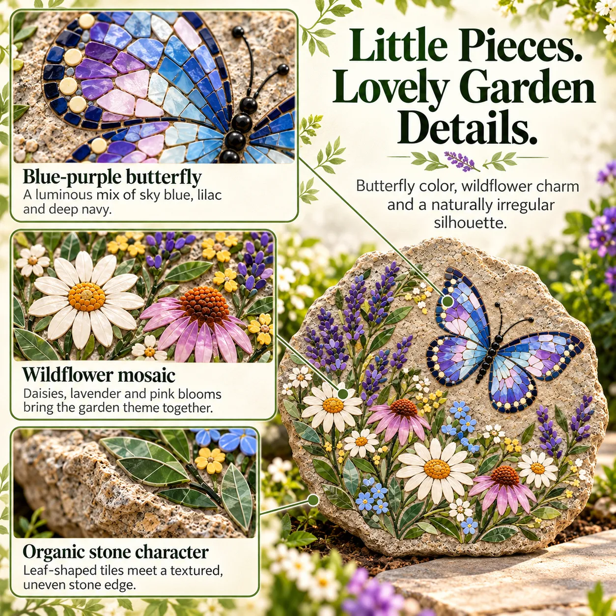 Product detail infographic showing blue-purple butterfly tiles, wildflower mosaic and the irregular stone outline
