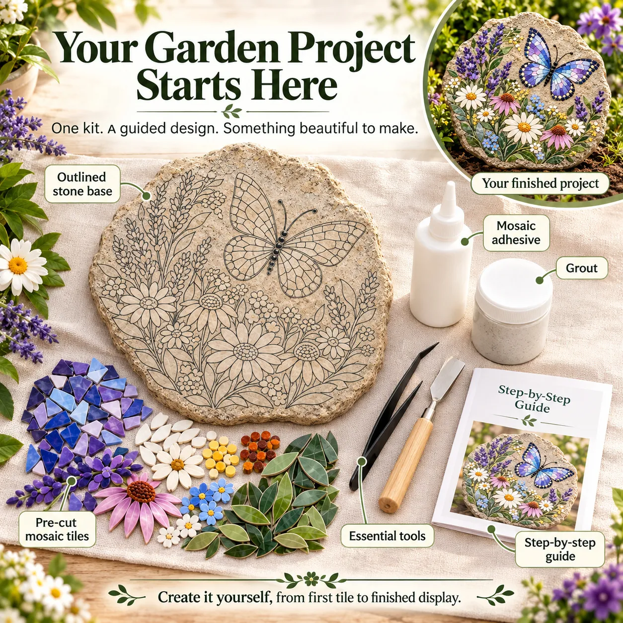 Kit contents showing the outlined stone base, pre-cut mosaic tiles, adhesive, grout, essential tools and step-by-step guide
