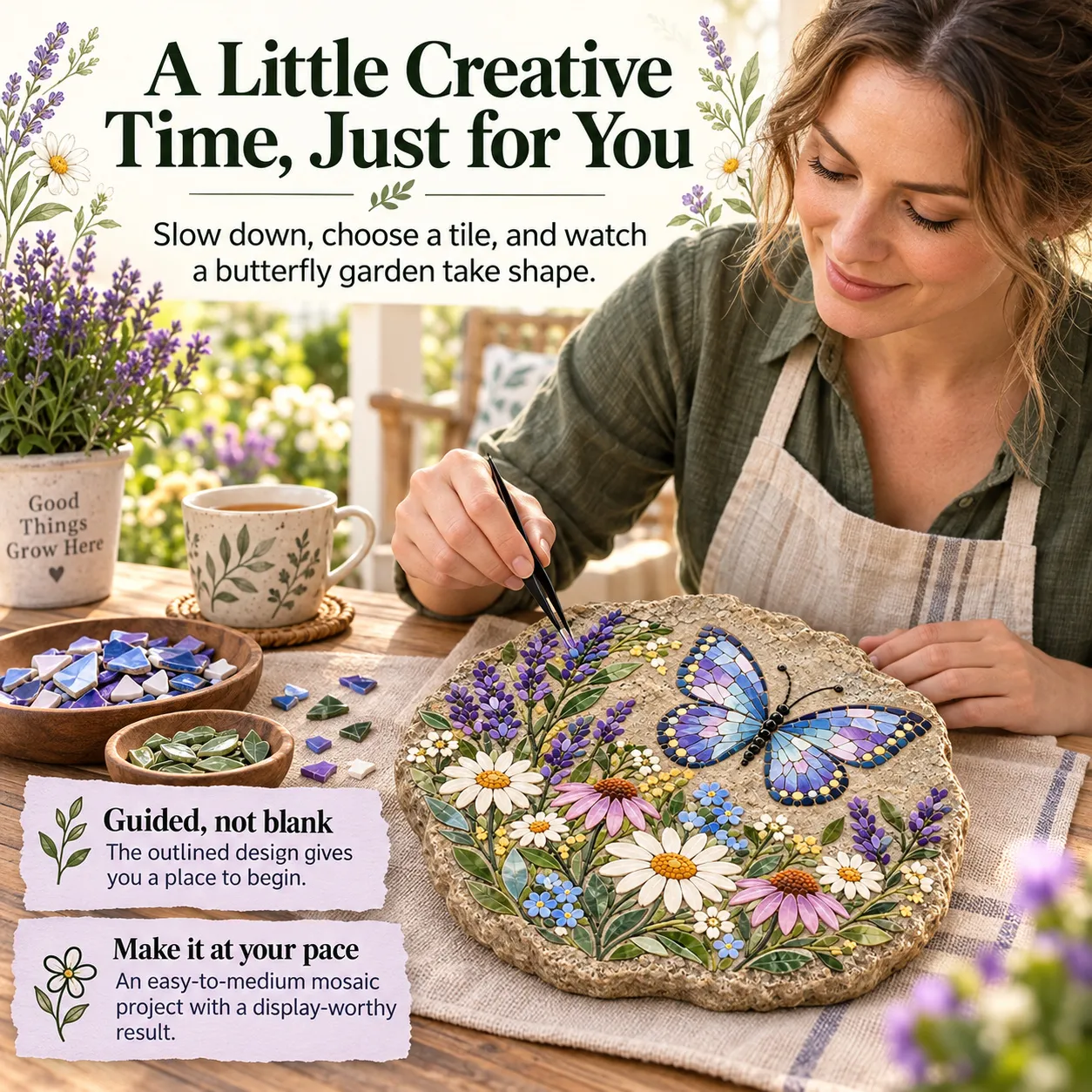 Woman assembling the butterfly mosaic at a craft table with tiles and the outlined design