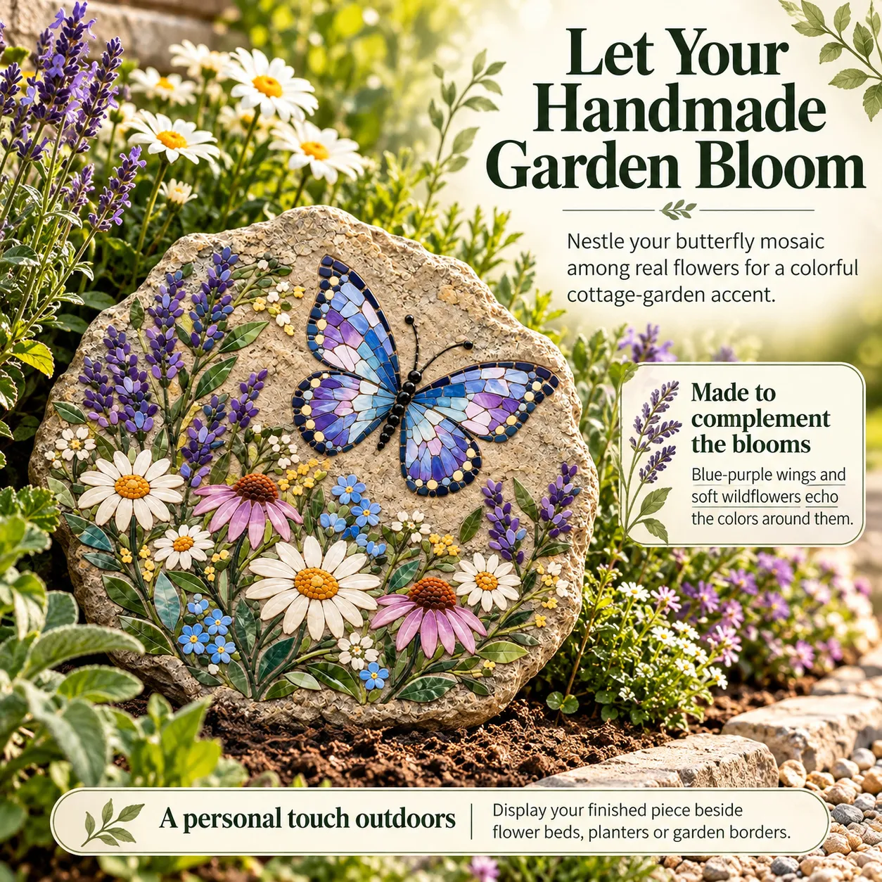 Finished butterfly wildflower stone displayed among real flowers in a garden border