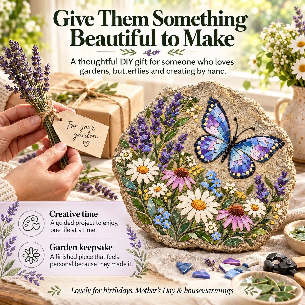 Butterfly mosaic gift scene with garden-themed wrapping and a completed mosaic