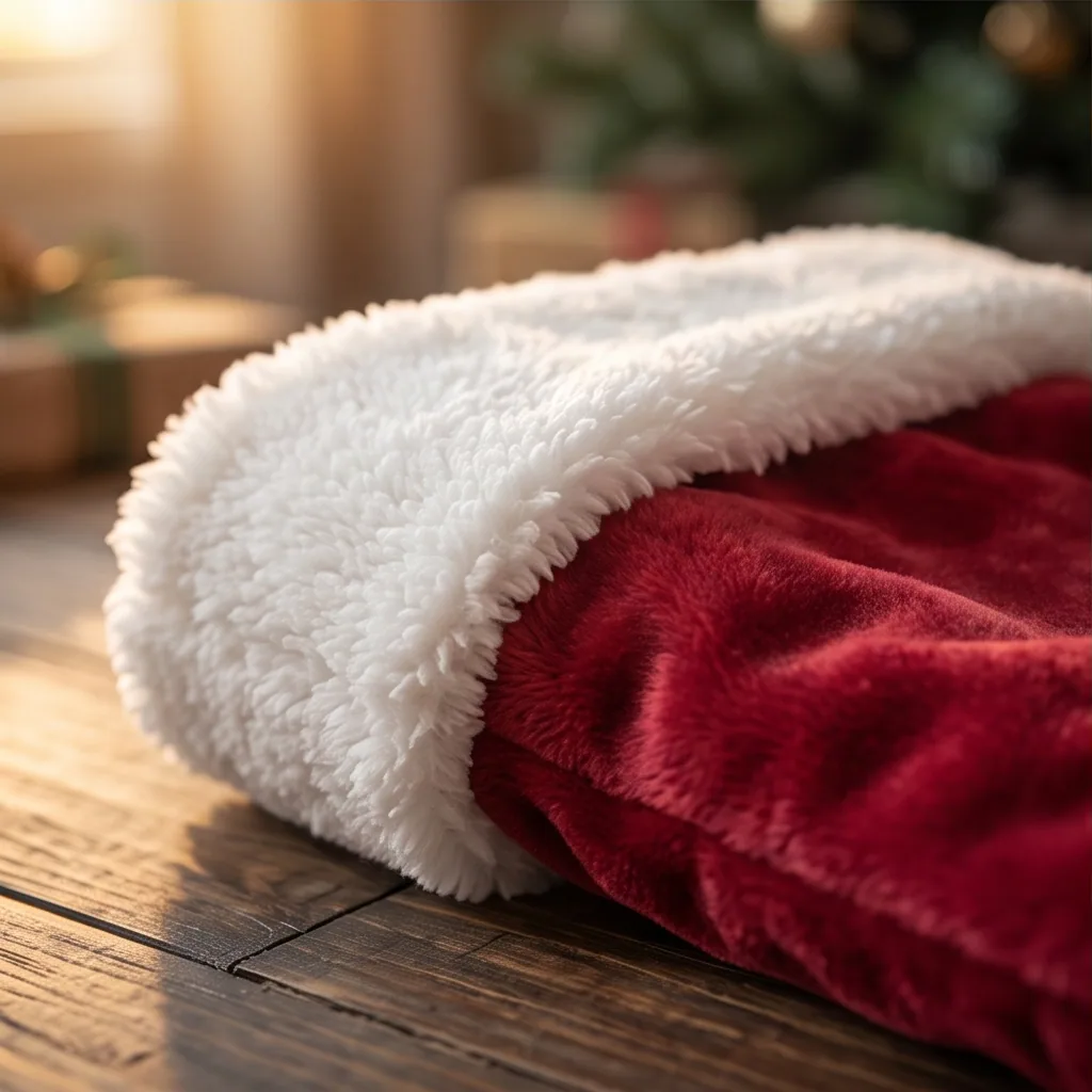 Close-up of plush red velvet and white sherpa texture