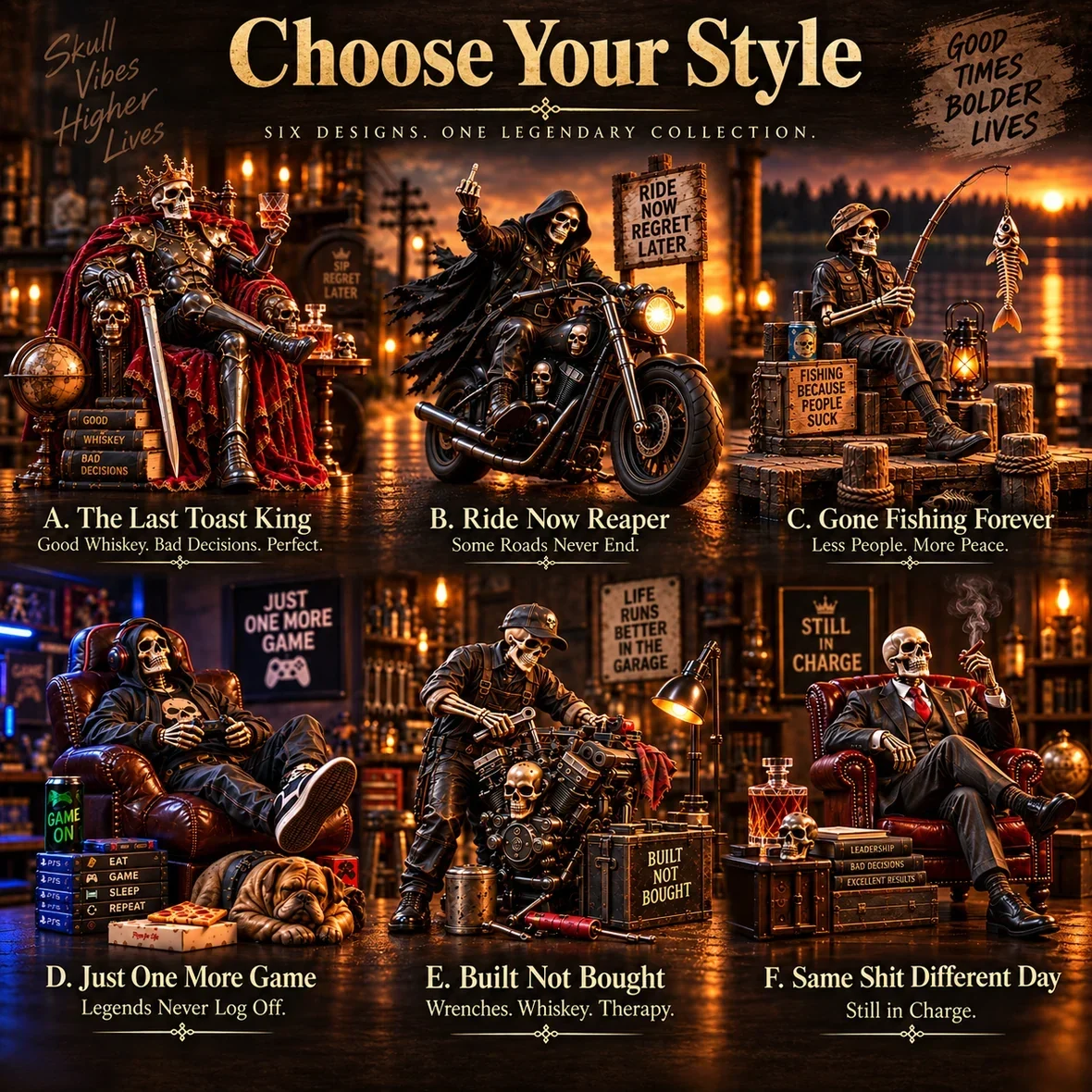 Choose from six Bad to the Bone skeleton collectible styles