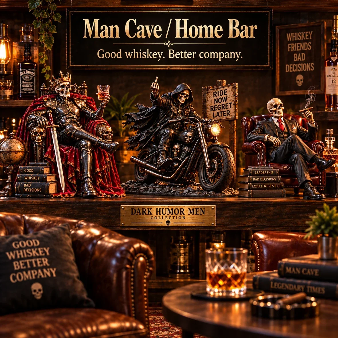 Dark humor skeleton collectibles in a man cave and home bar setting