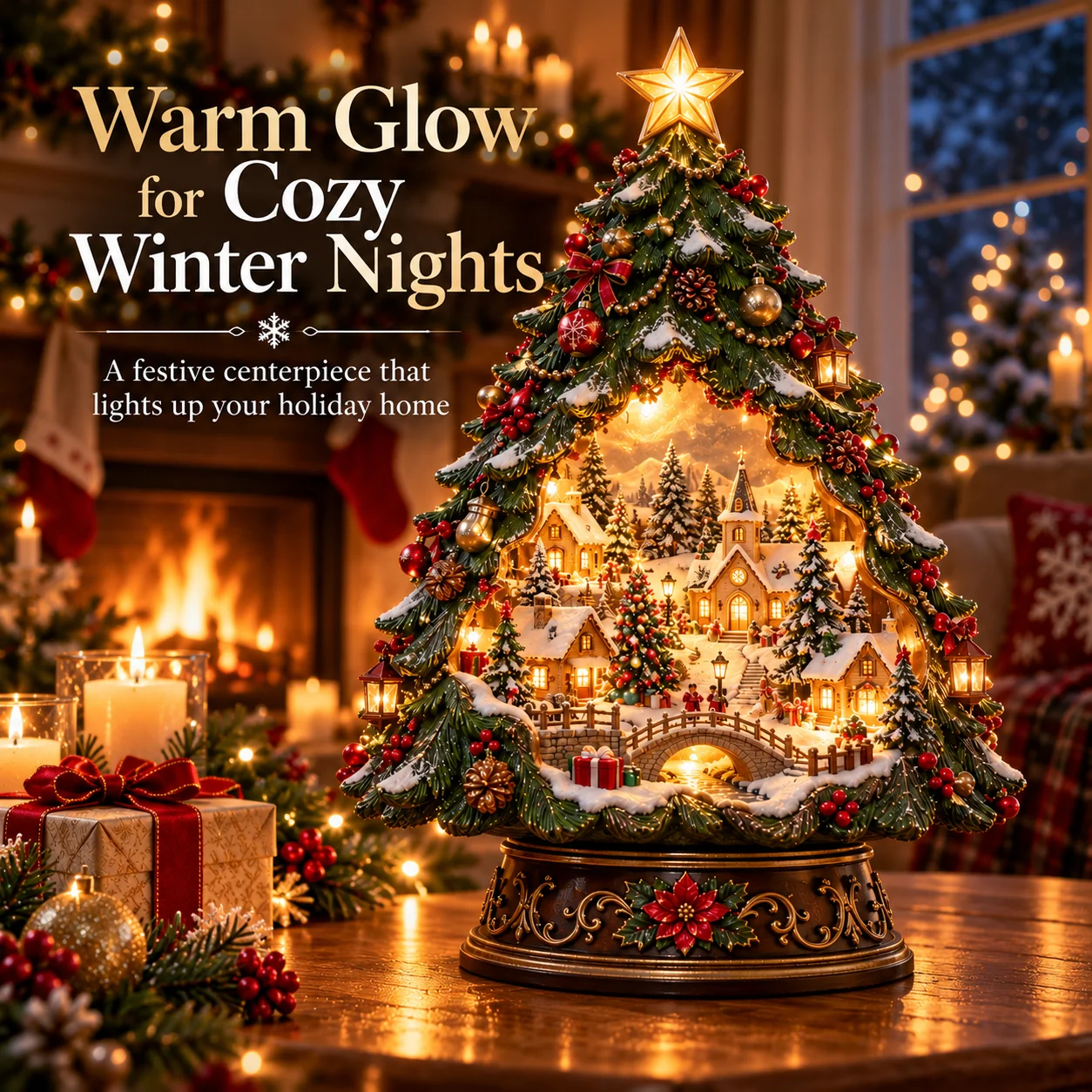 Christmas Tree Keeper glowing near fireplace
