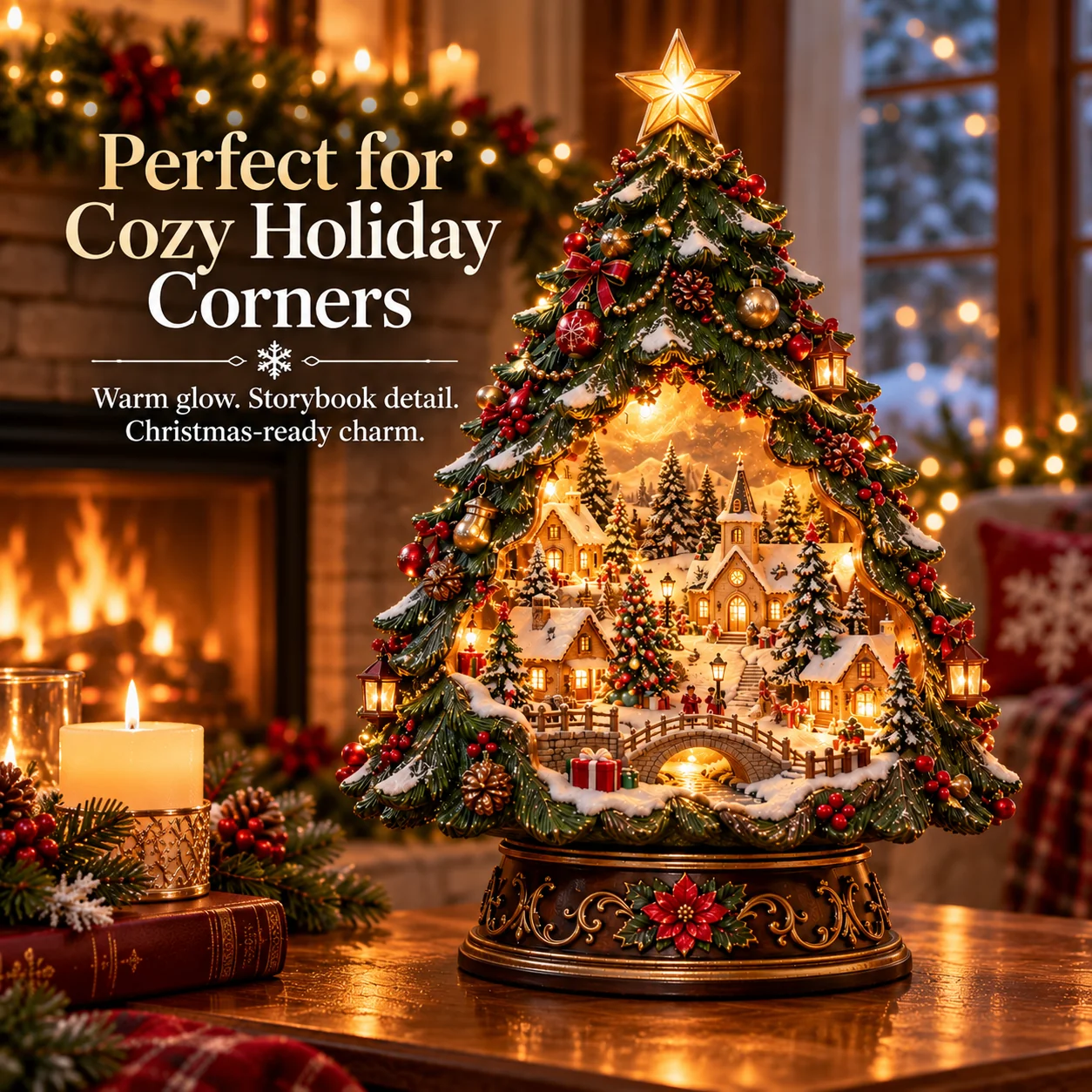 Christmas village tree in cozy holiday corner