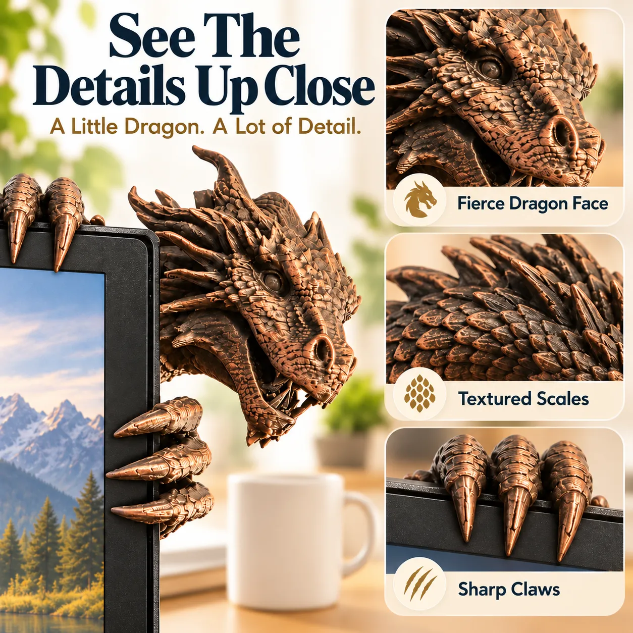 Close-up of the Dragon Monitor Buddy's face, horns and scales