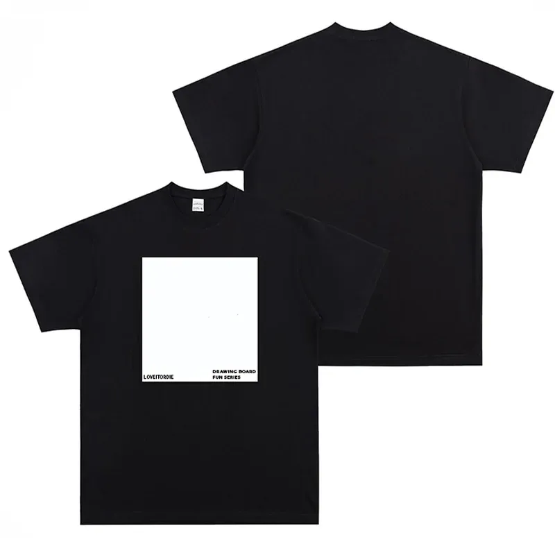 Front and back view of the black T-shirt, showing the light-reactive panel on the front