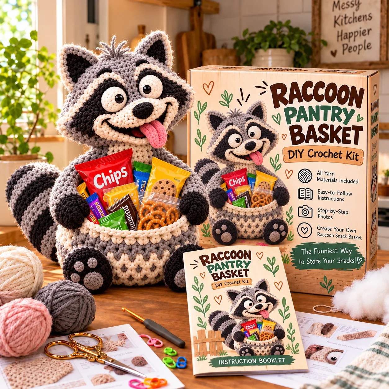 Snack Bandit raccoon crochet snack basket