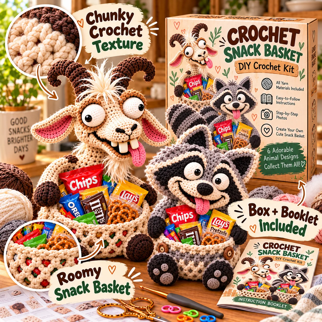 Snack Attack Squad chunky crochet texture and kit details