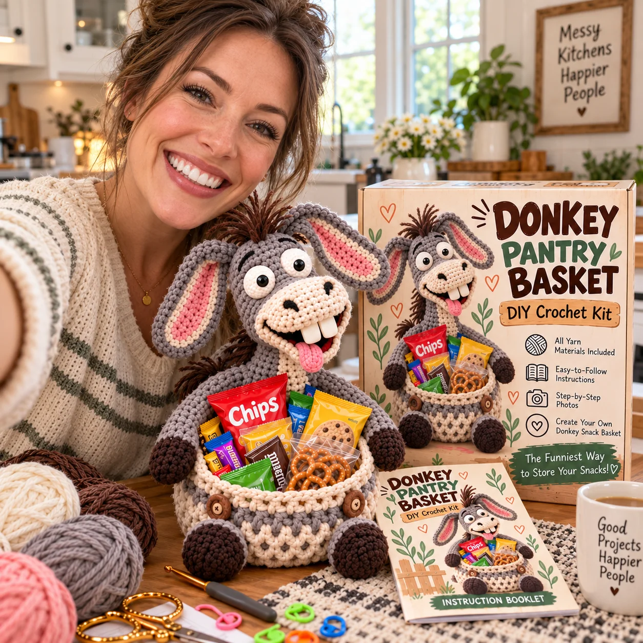 Finished Silly Donkey snack basket in home setting