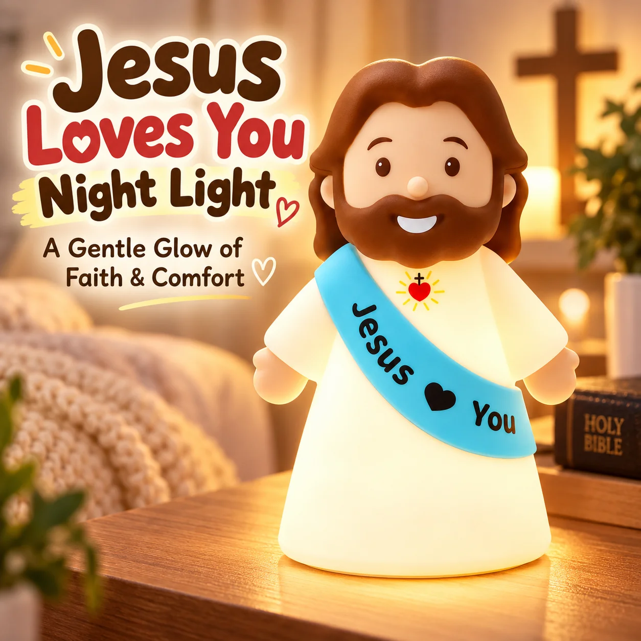 Jesus Loves You illuminated Christian night lamp with smiling Jesus figurine and blue sash