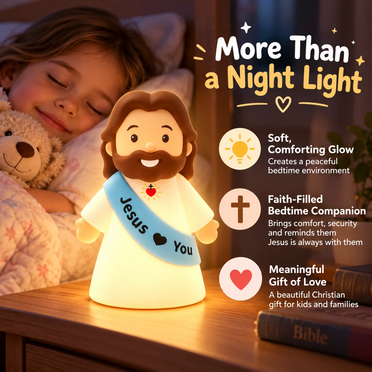 Child sleeping near the softly glowing Jesus Loves You night lamp on a wooden bedside table
