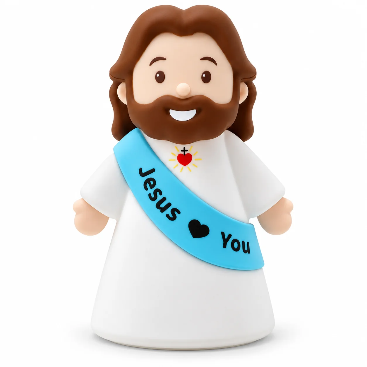 Clean white background product view of cute Jesus Loves You night lamp showing original white robe and blue sash