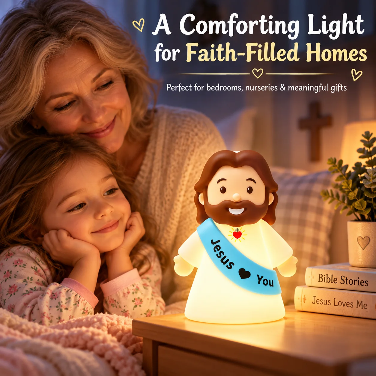 Mother and daughter enjoying the warm glow of Jesus Loves You night light beside their bed