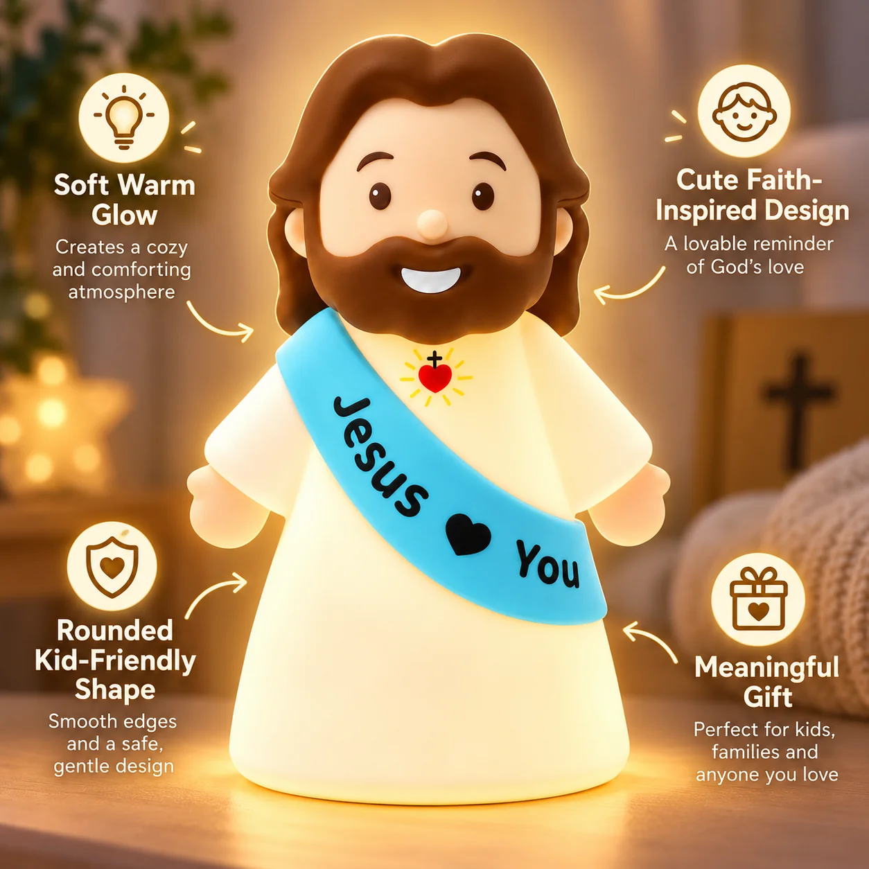 Close-up feature image of Jesus night lamp with soft warm glow, smiling face, heart symbol and blue Jesus Loves You sash