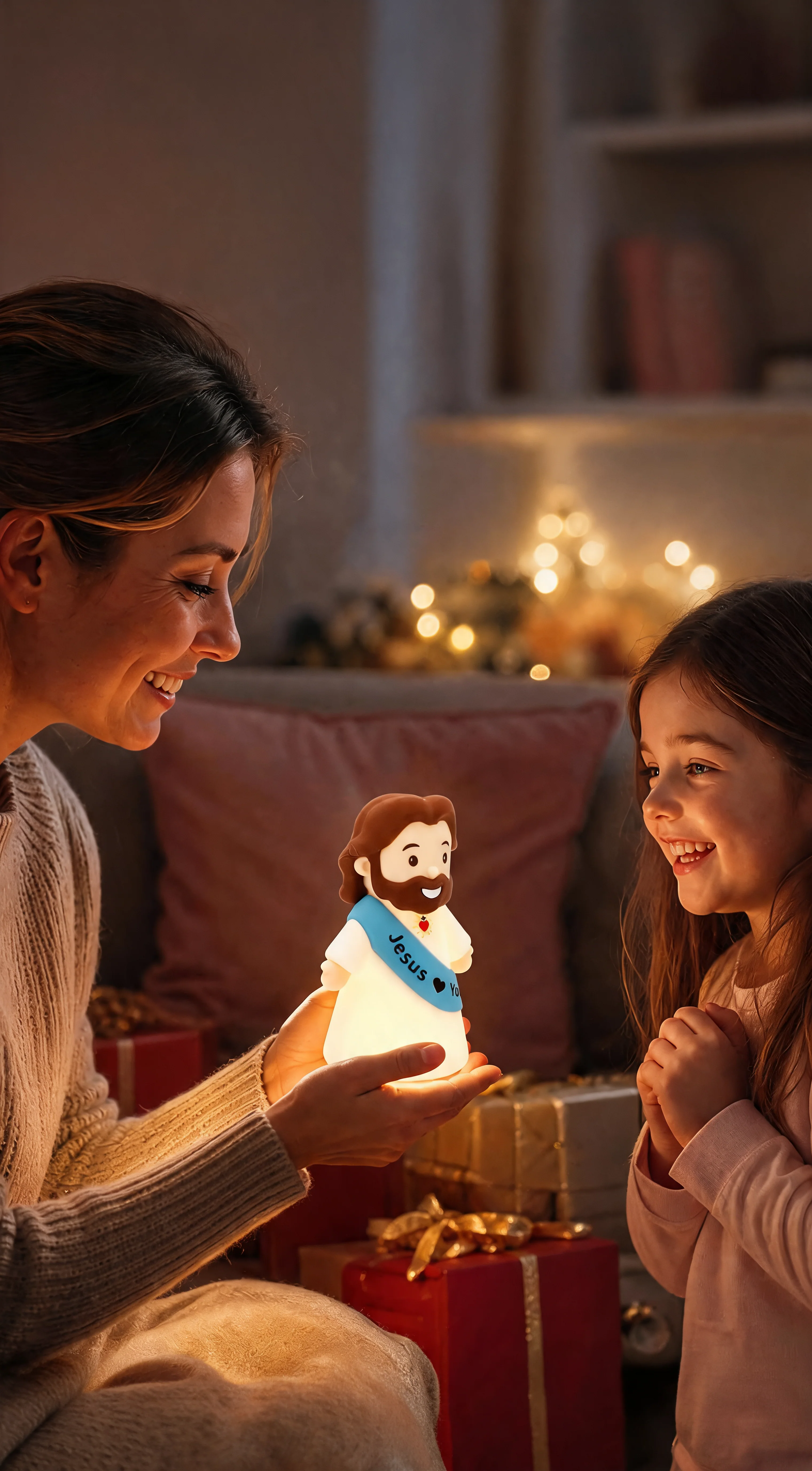 Mother sharing a glowing Jesus Loves You night lamp with her smiling daughter during a meaningful family gift moment