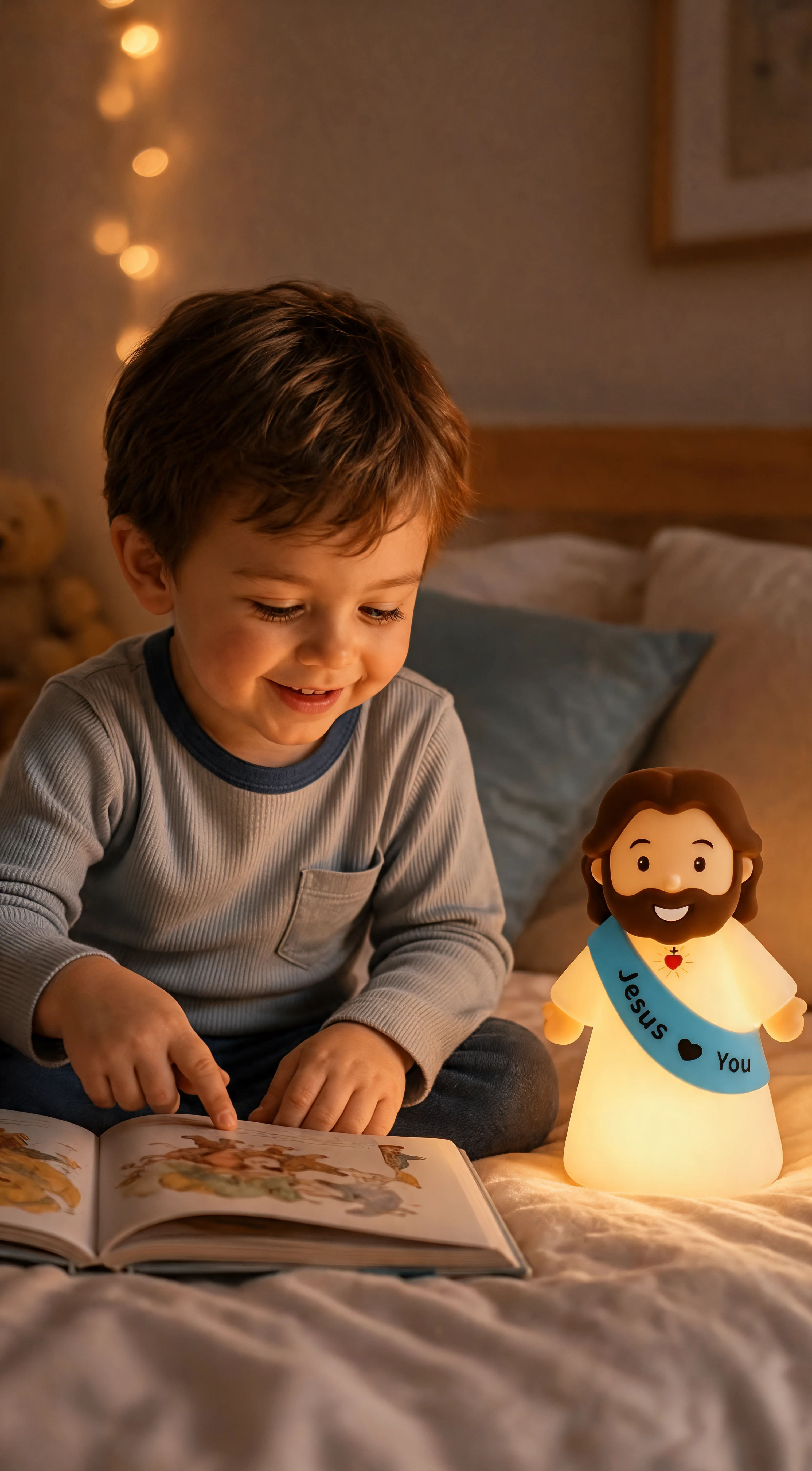 Young child reading an illustrated storybook beside a glowing Jesus Loves You lamp in a warm bedroom
