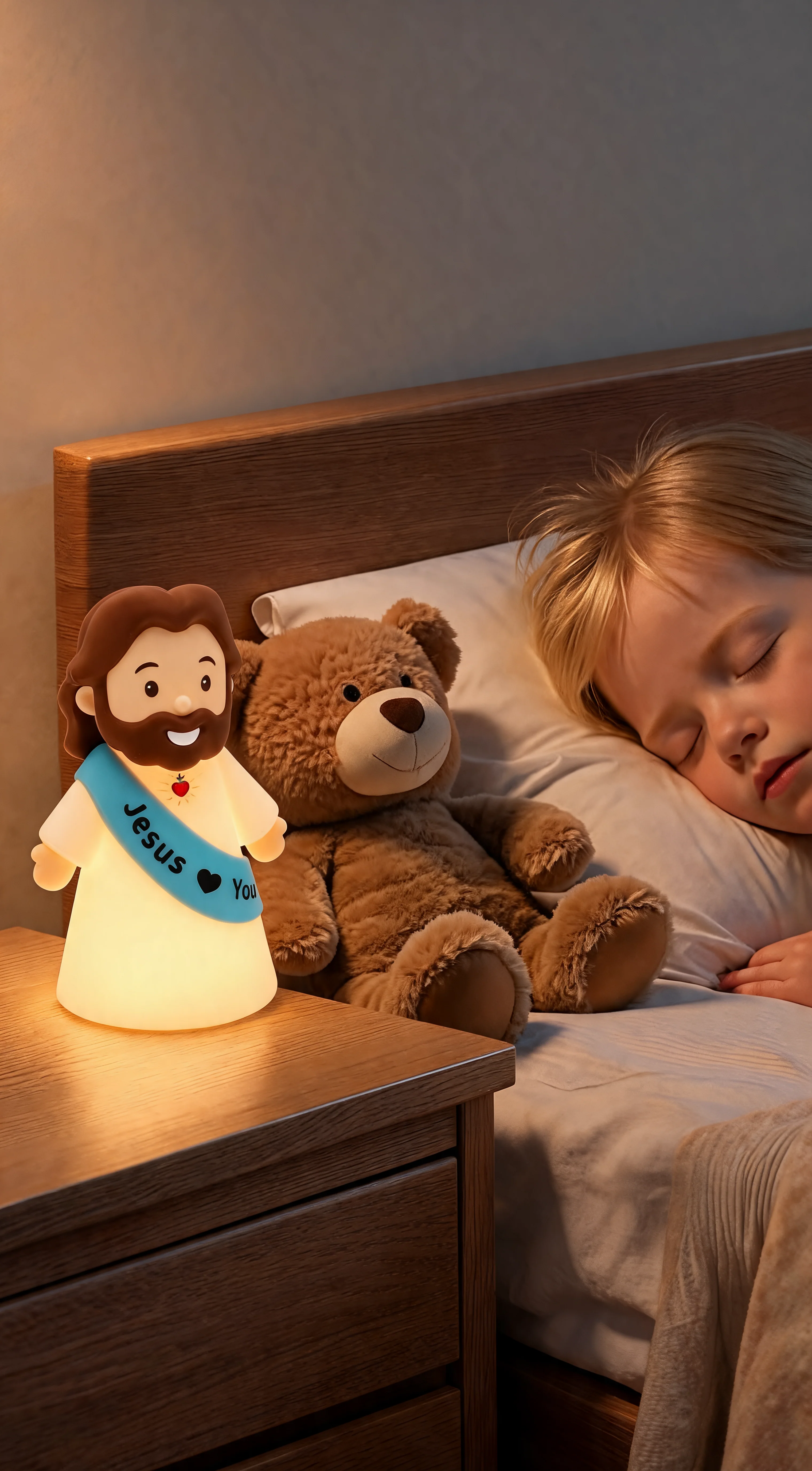 Jesus Loves You night light glowing on a bedside table while a child sleeps nearby with a teddy bear