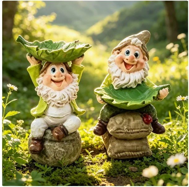 Two gnome leaf-bowl garden statue styles