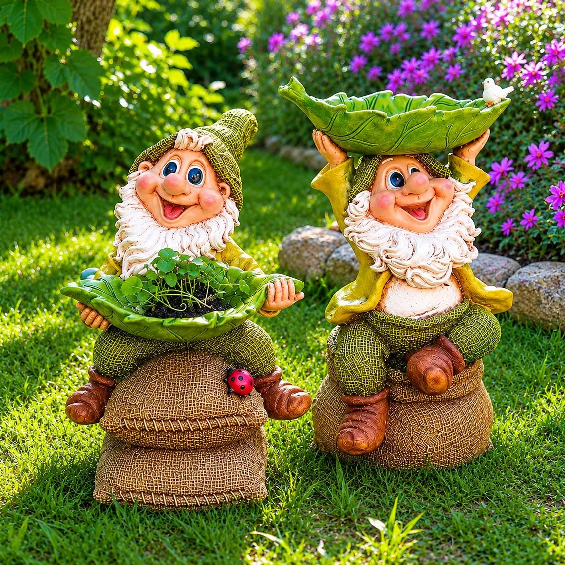 Forward-bowl and overhead-leaf gnome styles in a garden