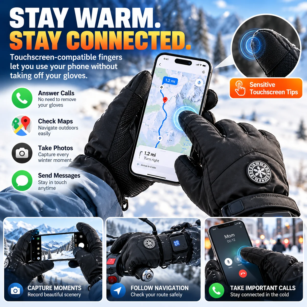 Touchscreen winter heated gloves