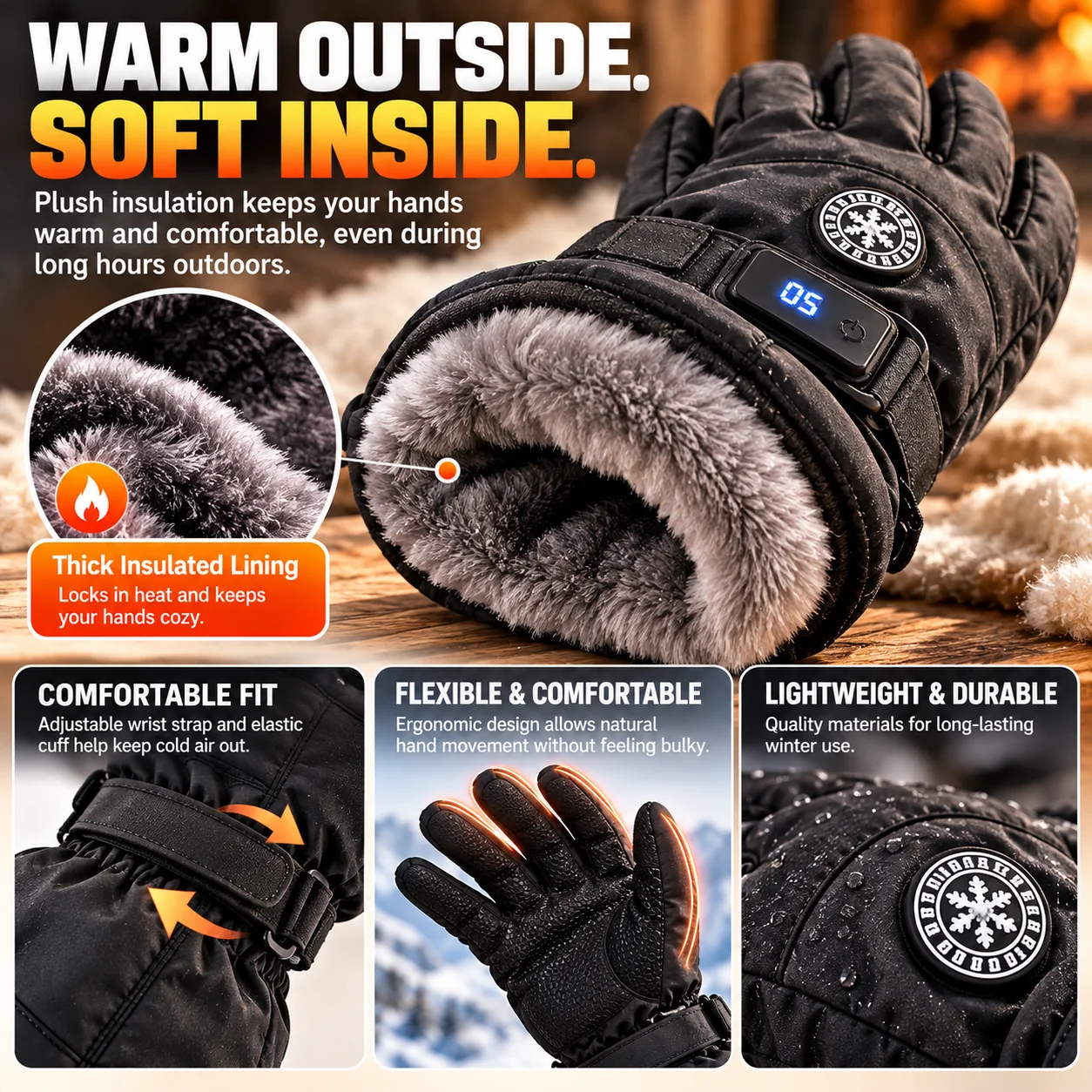 Soft insulated rechargeable heated gloves