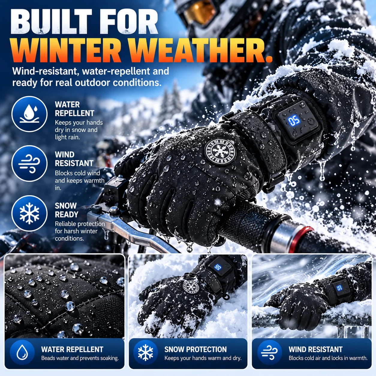 Water resistant winter heated gloves