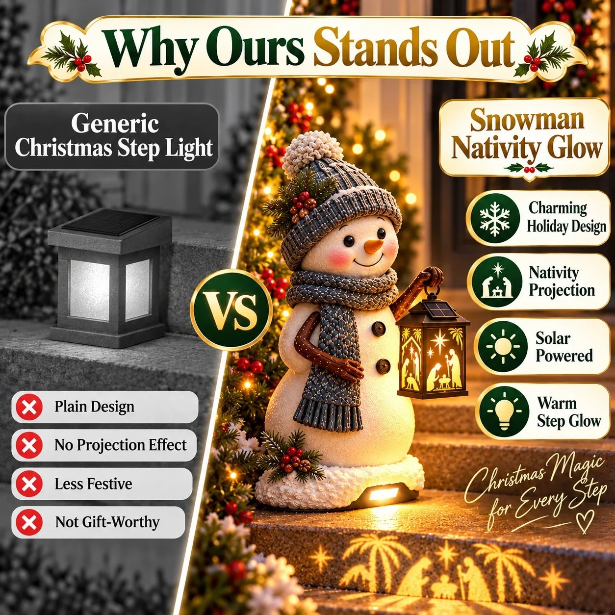 Snowman Christmas decoration daytime and nighttime comparison