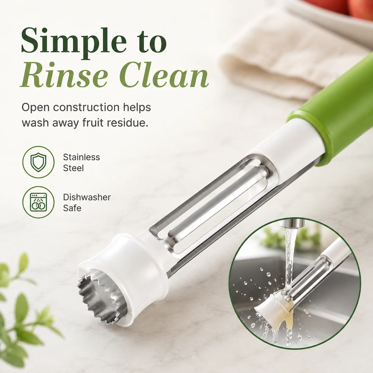 Pushing fruit core out using tool handle tip safely