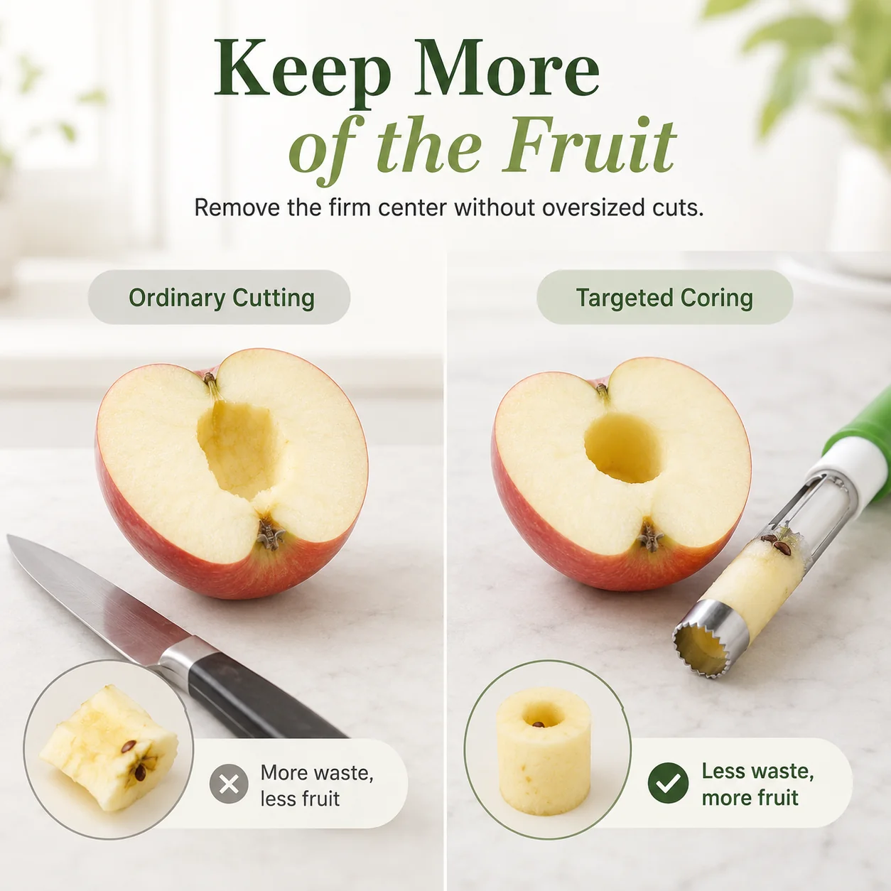 Red and green color variants of the 2 in 1 fruit corer tool