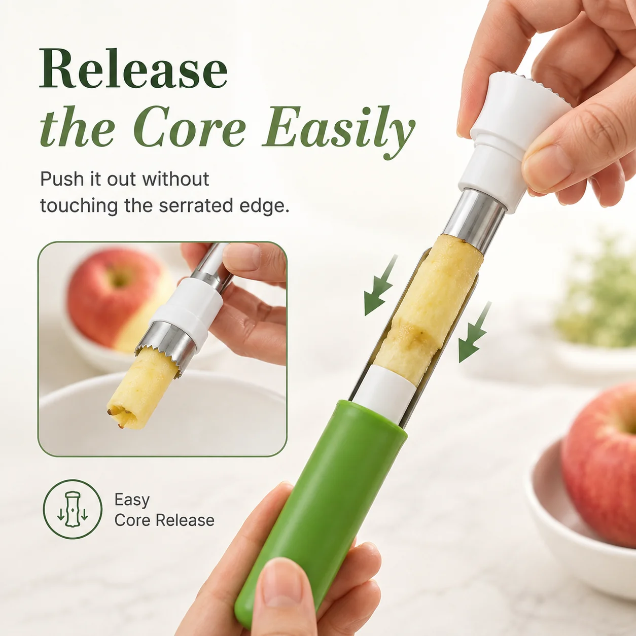 Rinsing fruit corer tool under running water tap