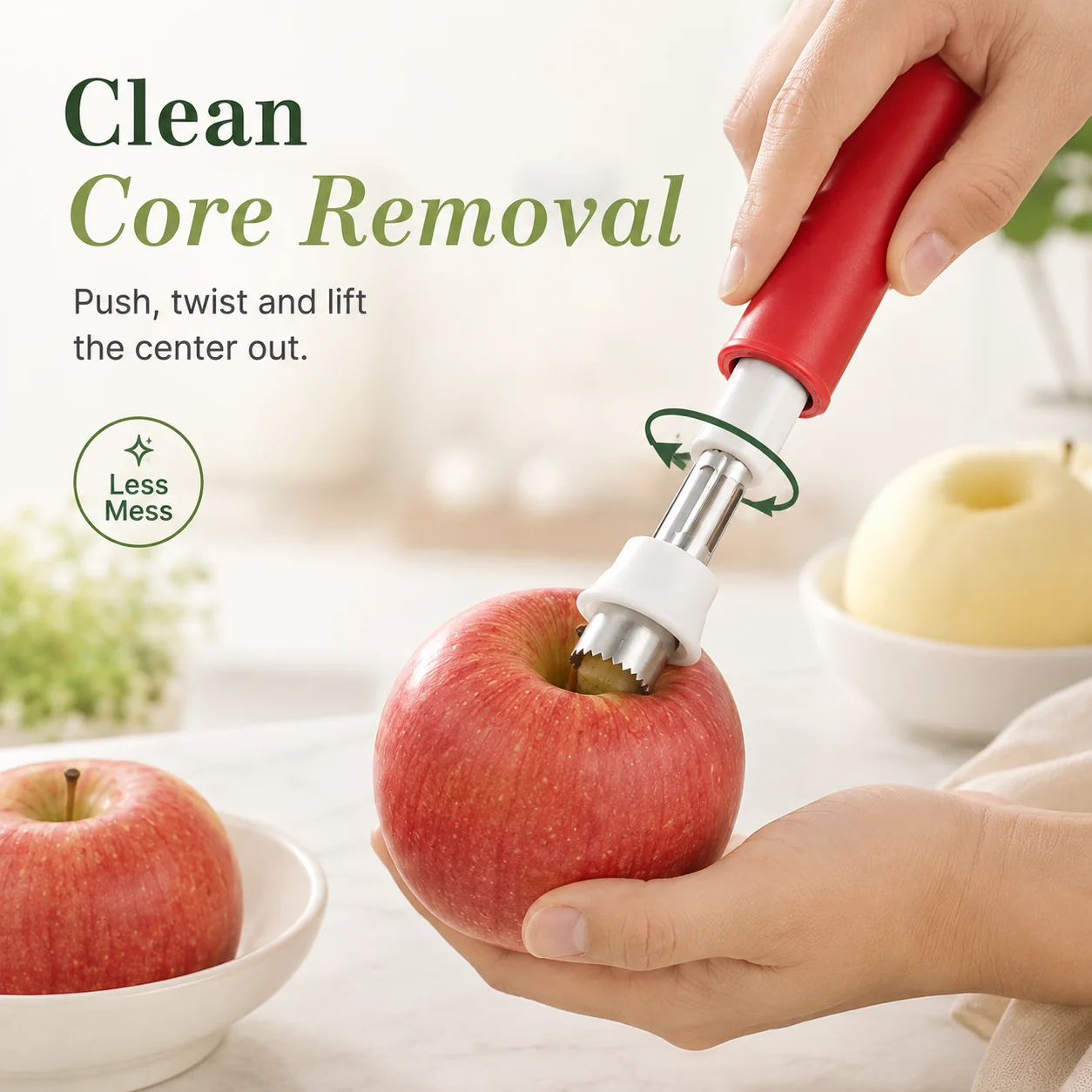 Four step demonstration of fruit coring and peeling process