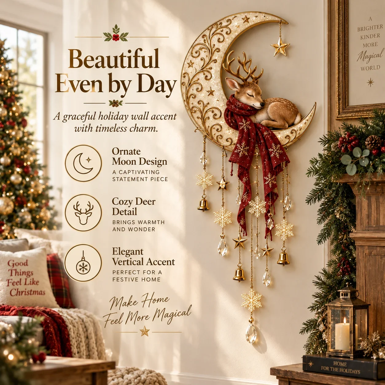 Moonlit Deer Starfall Wall Light daytime Christmas wall art