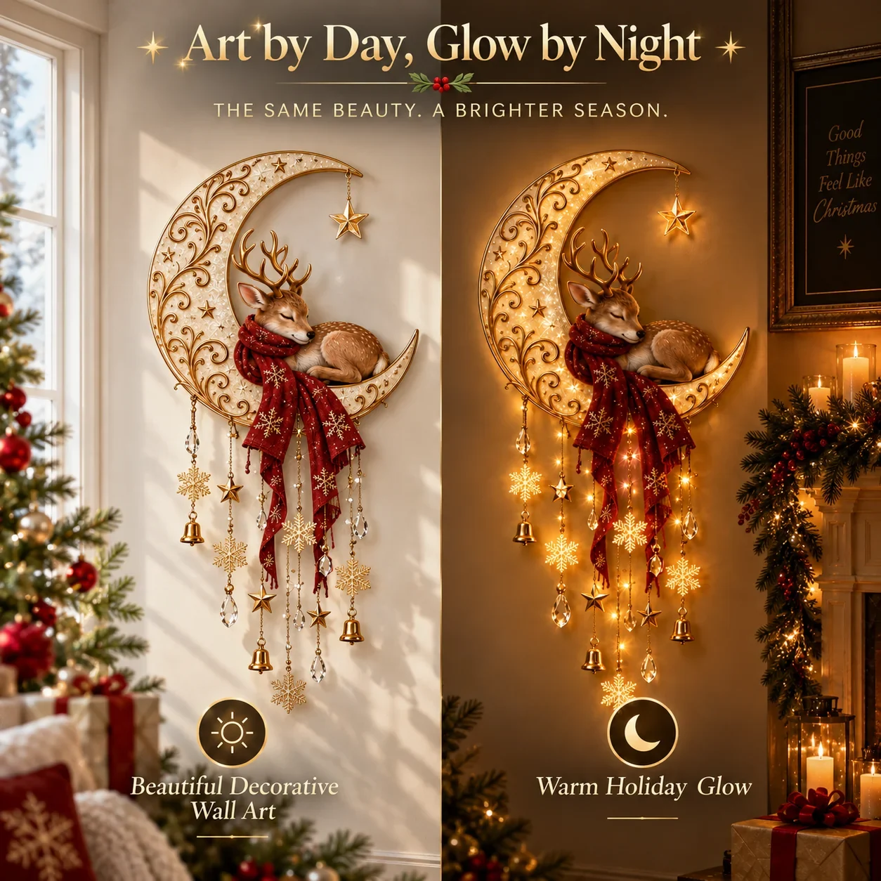 Moonlit Deer Starfall Wall Light day and night comparison