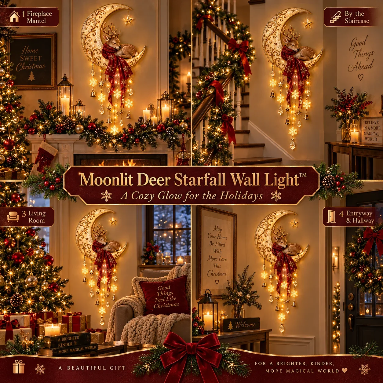 Moonlit Deer Starfall Wall Light different Christmas home scenes