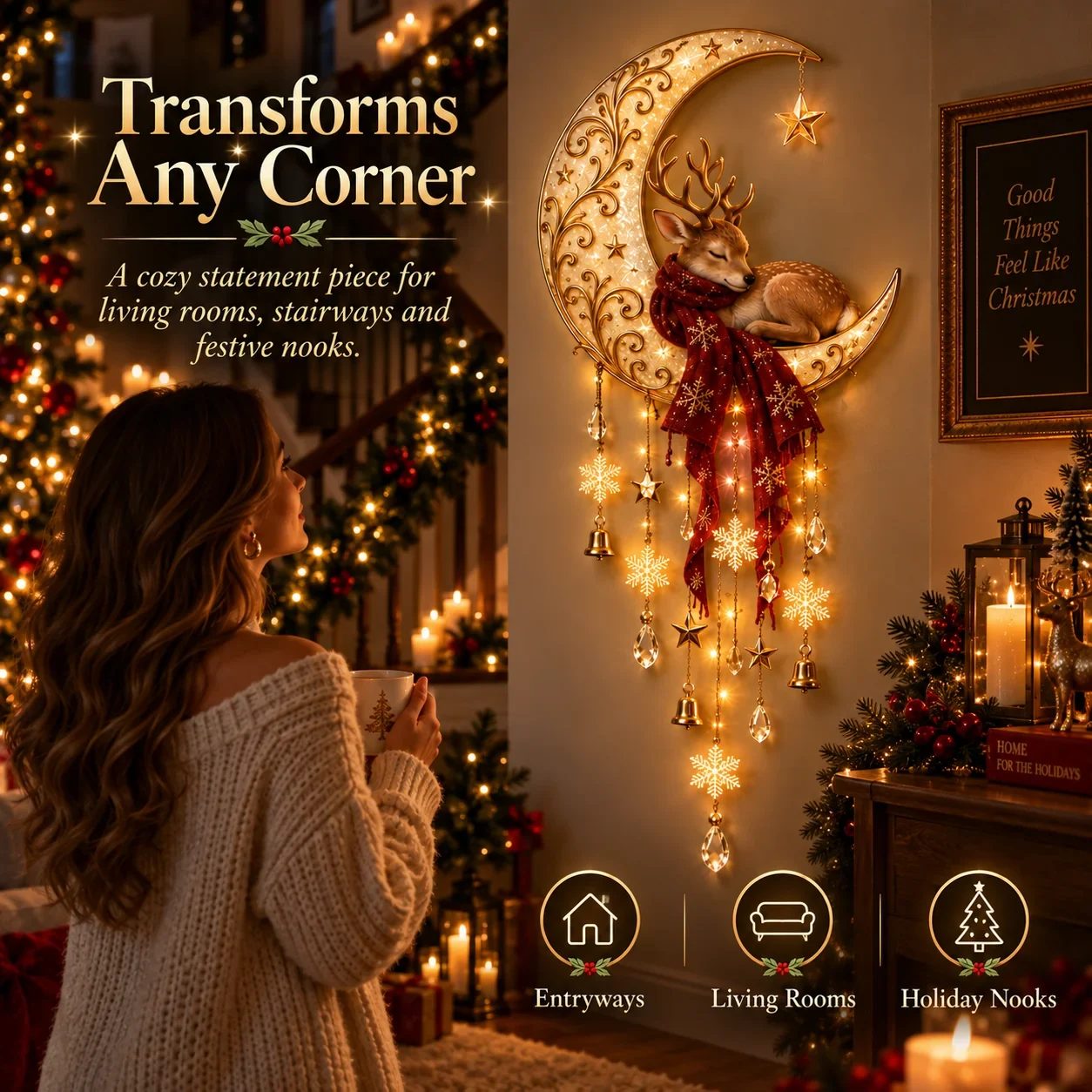 Moonlit Deer Starfall Wall Light cozy Christmas home display