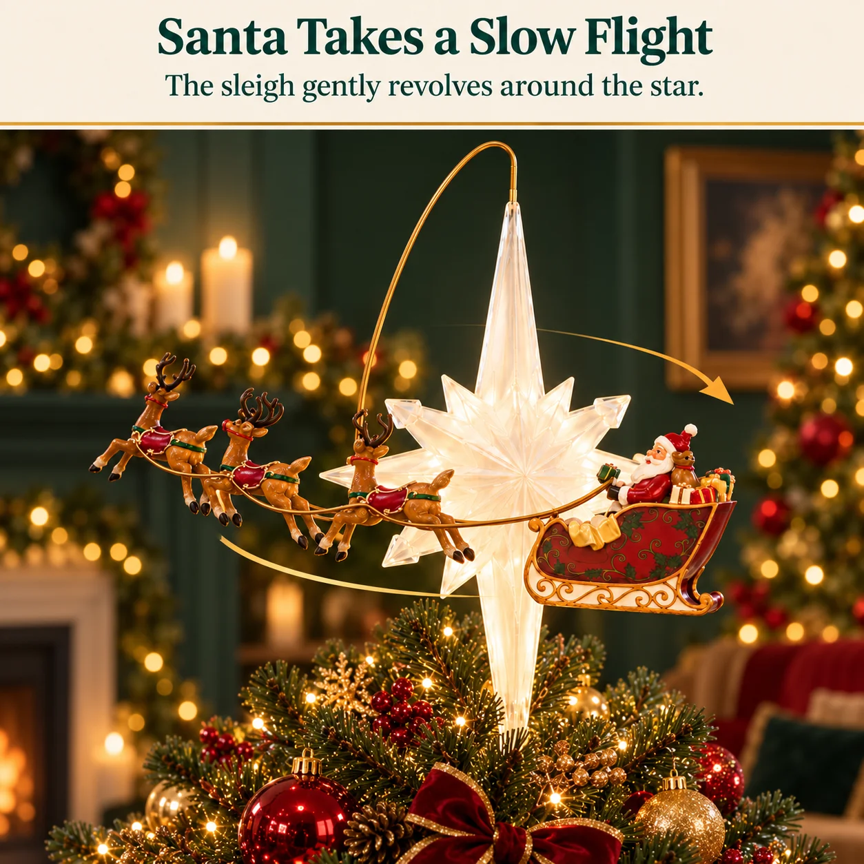 Santa Sleigh Revolves Around the Illuminated Star