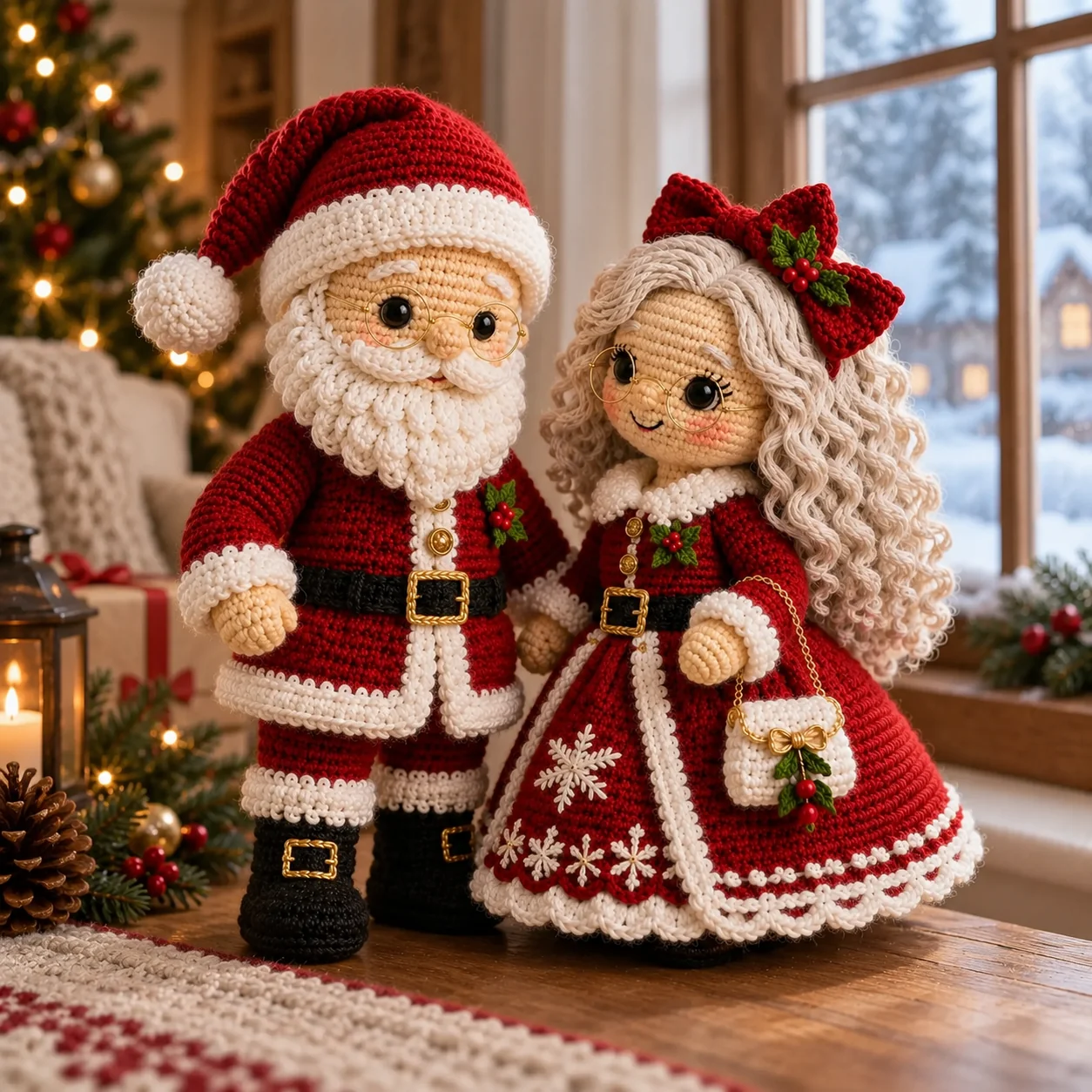 Finished red Santa and Mrs. Claus crochet dolls displayed beside a window with Christmas decorations